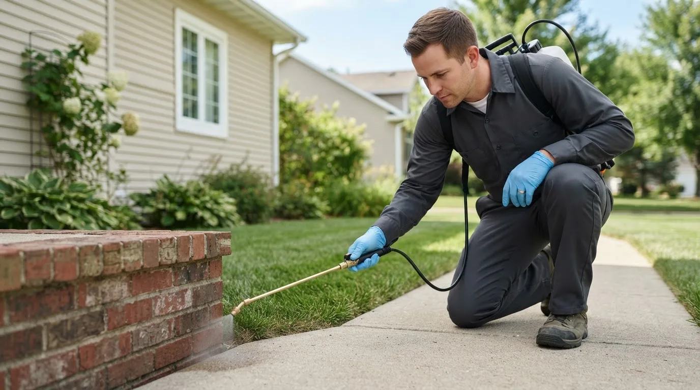 Pest control technician treating a home near West Barnstable, MA